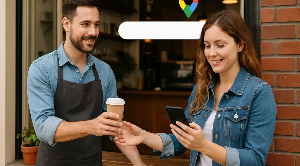 Local business owner serving customer using smartphone