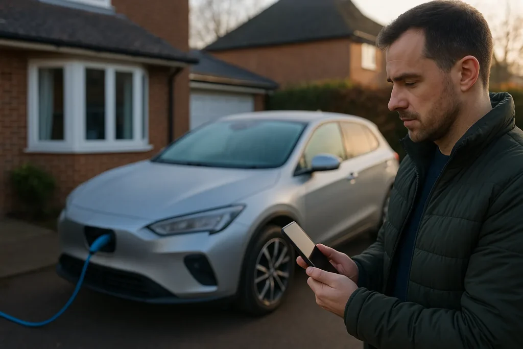 Driver preconditioning EV in morning driveway