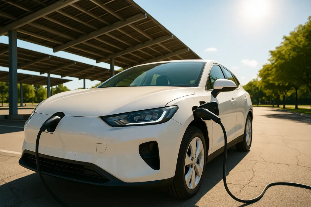 Electric car charging under solar canopy on sunny day