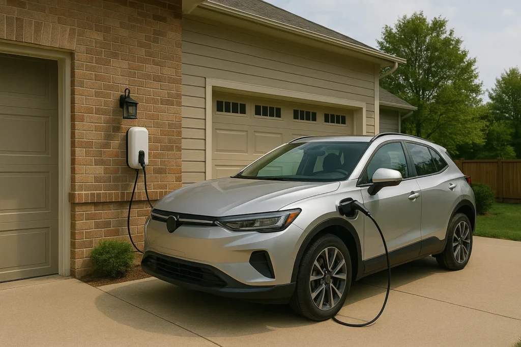 Electric vehicle charging at smart home with solar panels.